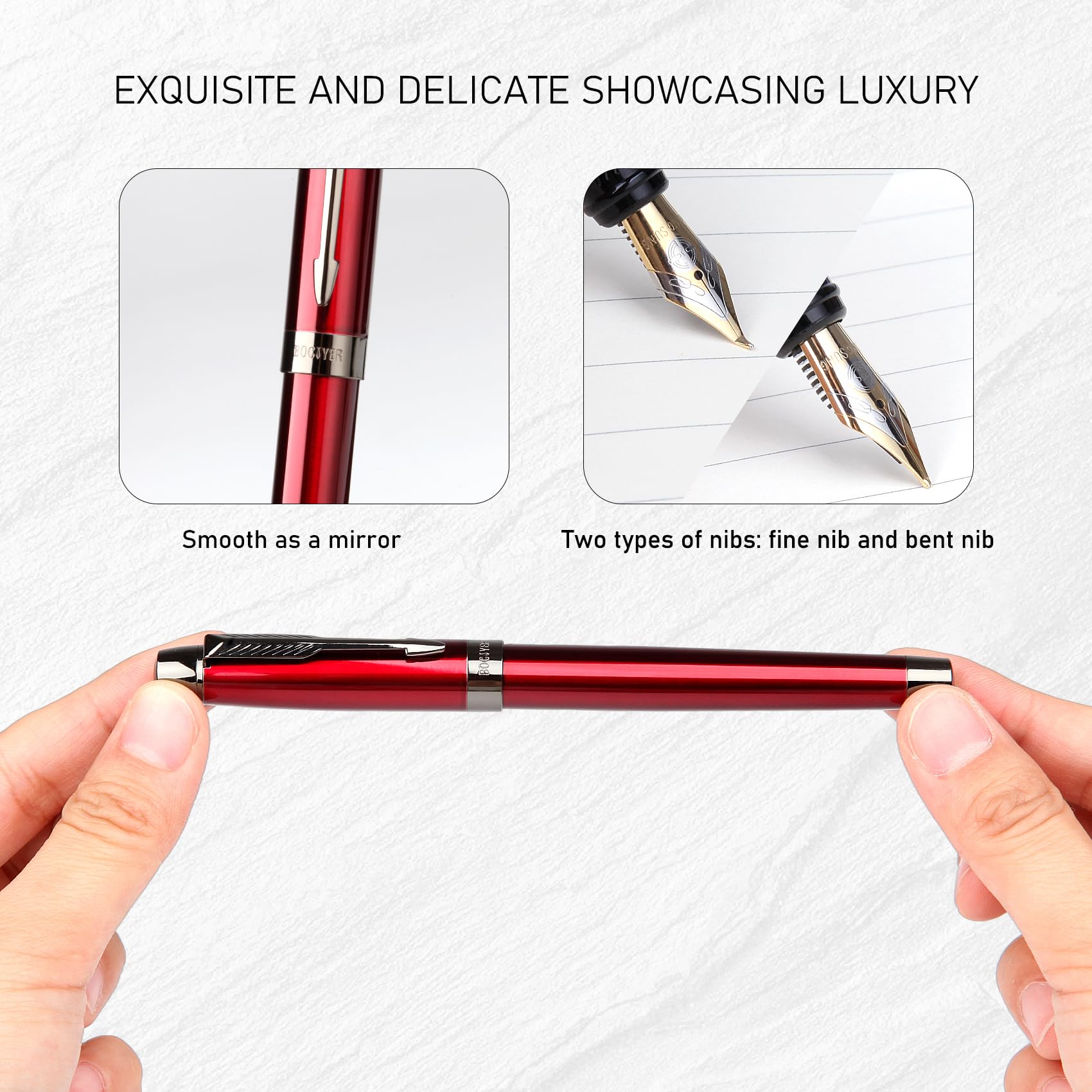 BOCIYER Fountain Pen with Fine Nib & Black Ink, Refillable & Elegant Bent Nib Design, Calligraphy