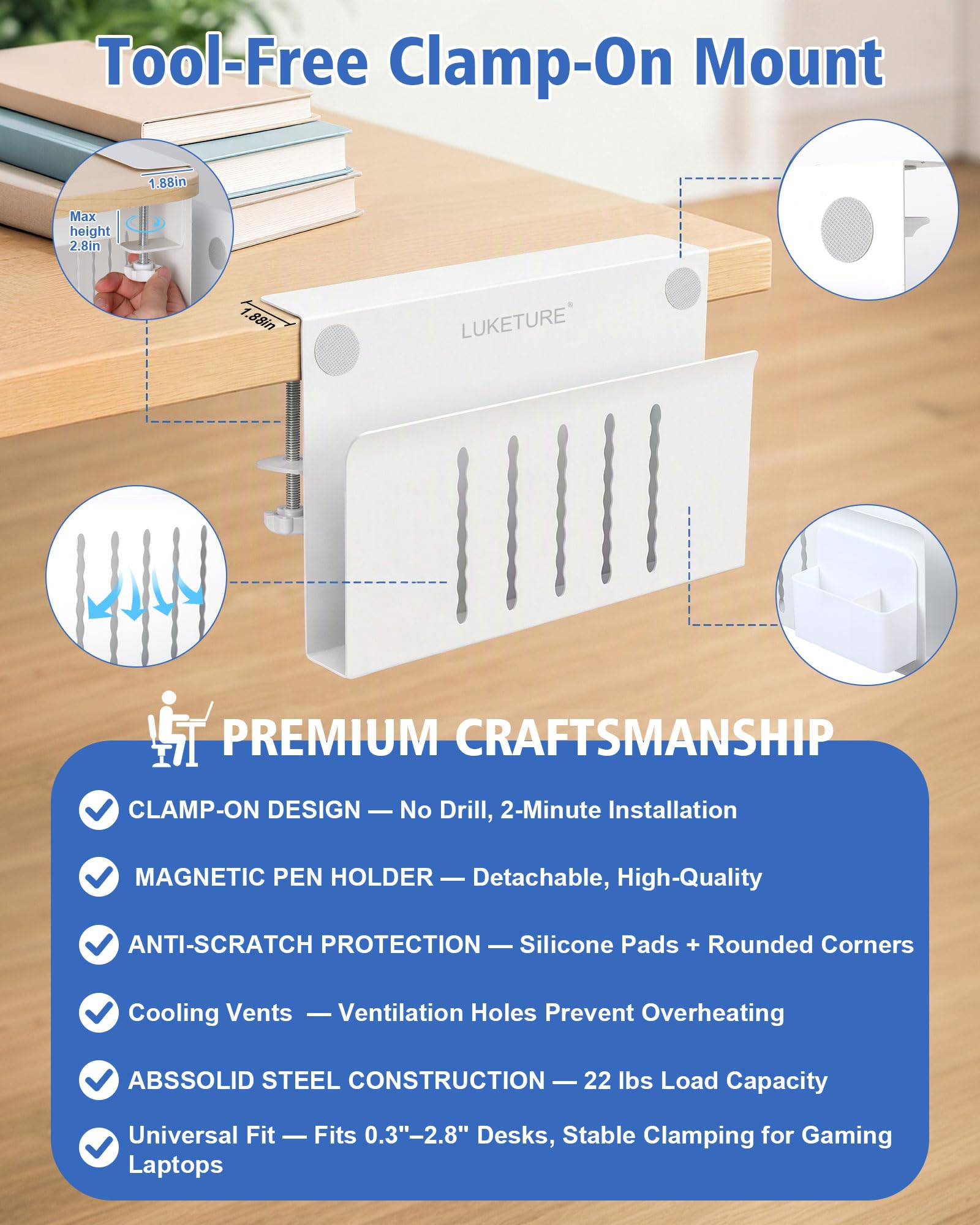 LUKETURE Desk Side Storage, Laptop Holder No Drill Clamp On Organizer