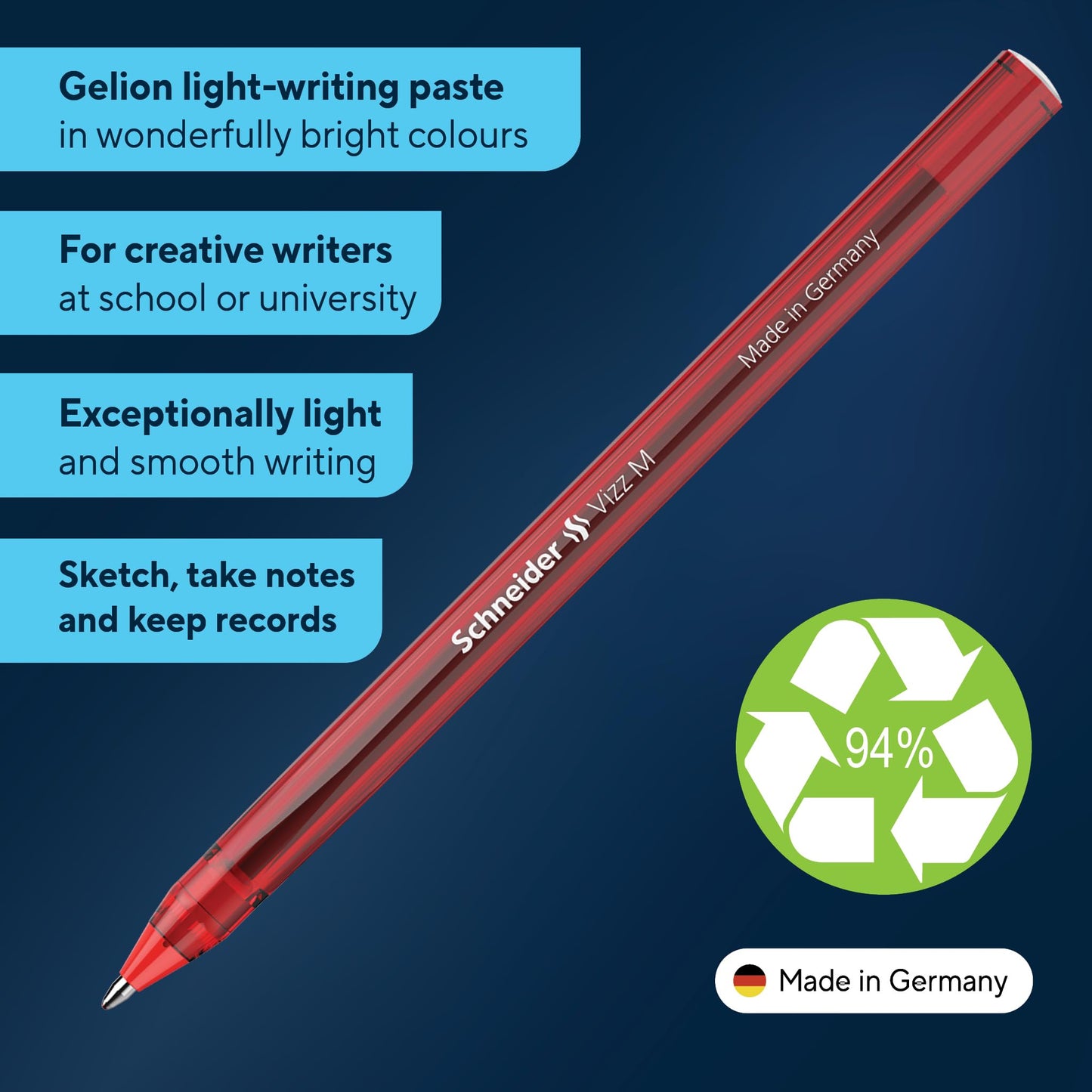 Schneider Vizz 102202 Ballpoint Pen for Easy and Quick Writing - Colour Ink Barrel - Medium Line