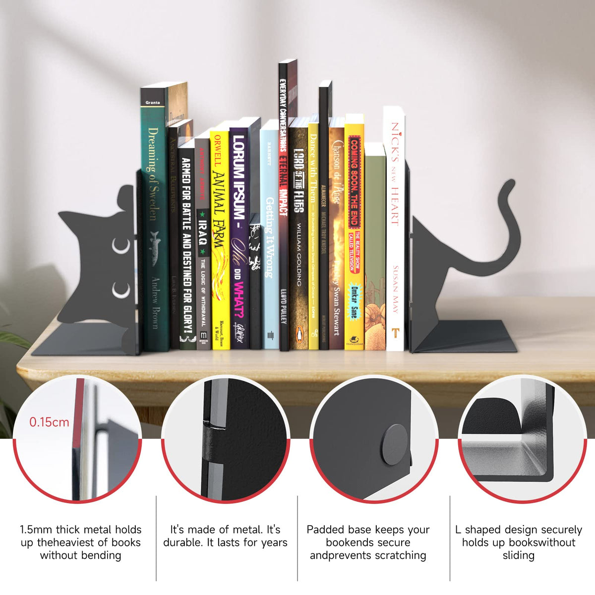 Book Ends Decorative,ENCIMART Book Ends,Metal Bookends,Book Holders for Shelves,Office Decorative