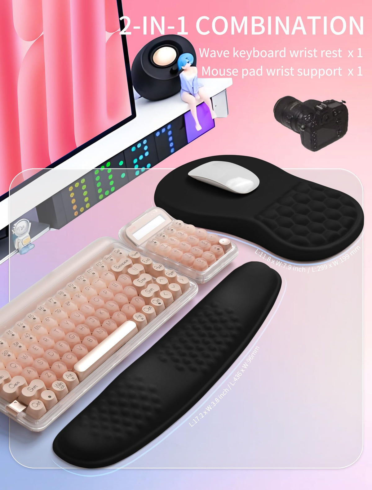 Hokafenle 2in1 Combination, Wave Keyboard Wrist Rest and Ergonomic Curvature Mouse Pad Wrist