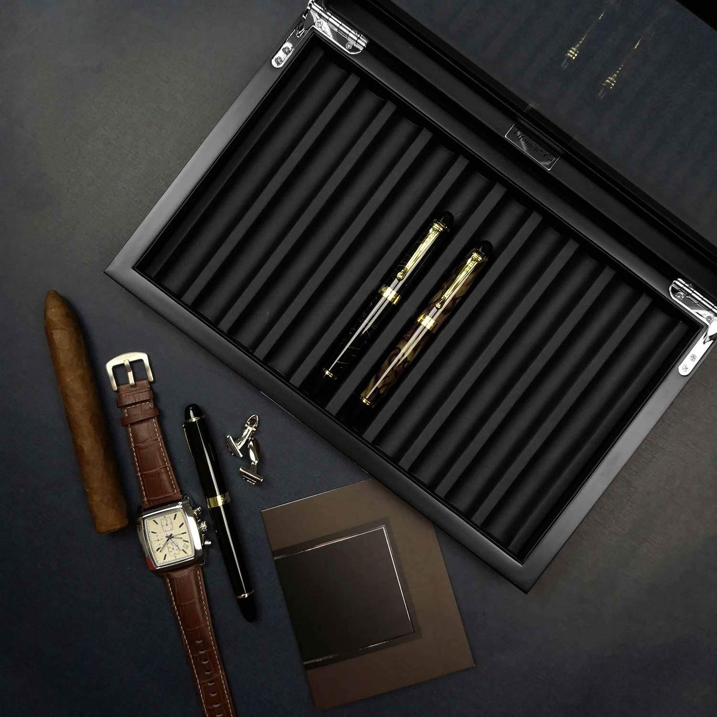 Lifomenz Co Wood Pen Box - 10 Slot Organizer With Glass Lid, Top Window Display Case for Collection