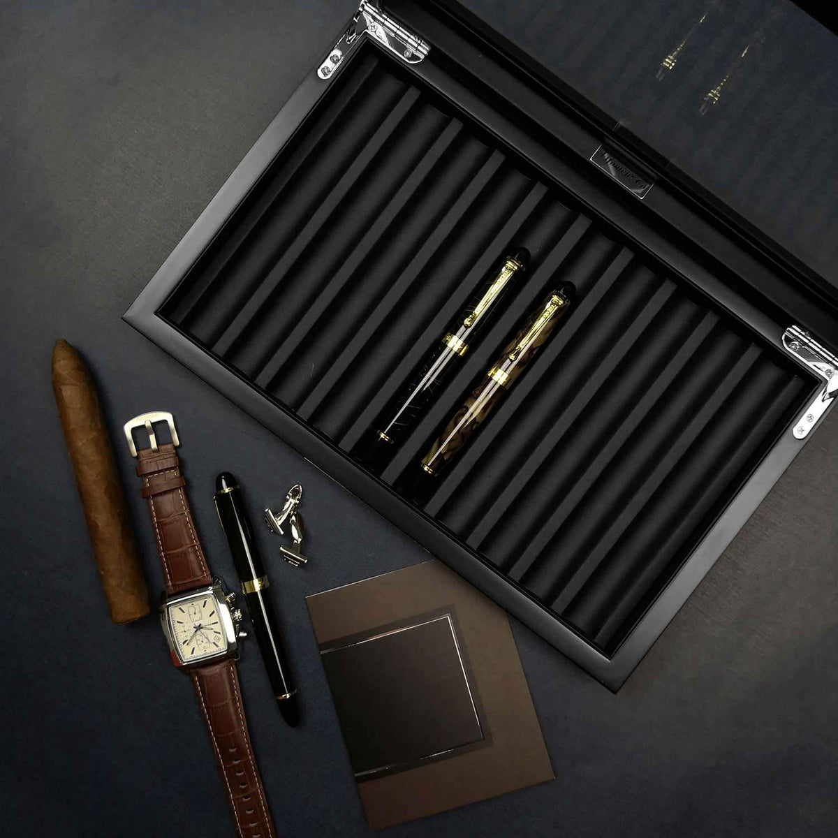 Lifomenz Co Wood Pen Box - 10 Slot Organizer With Glass Lid, Top Window Display Case for Collection