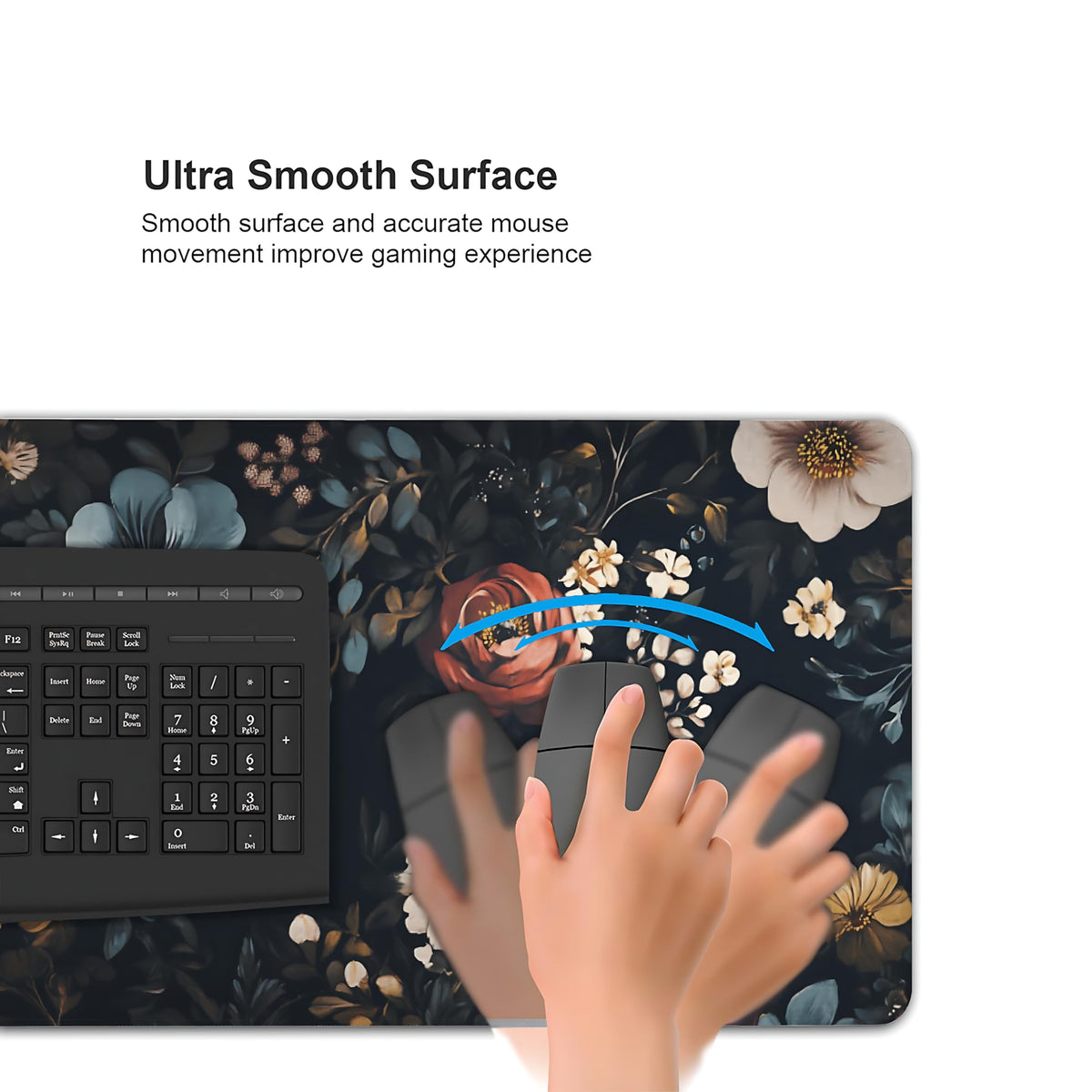 Floral Aesthetic Rose Gaming Mouse Pad, Black Dark Botanical Desk Mat with Anti-Slip Base &