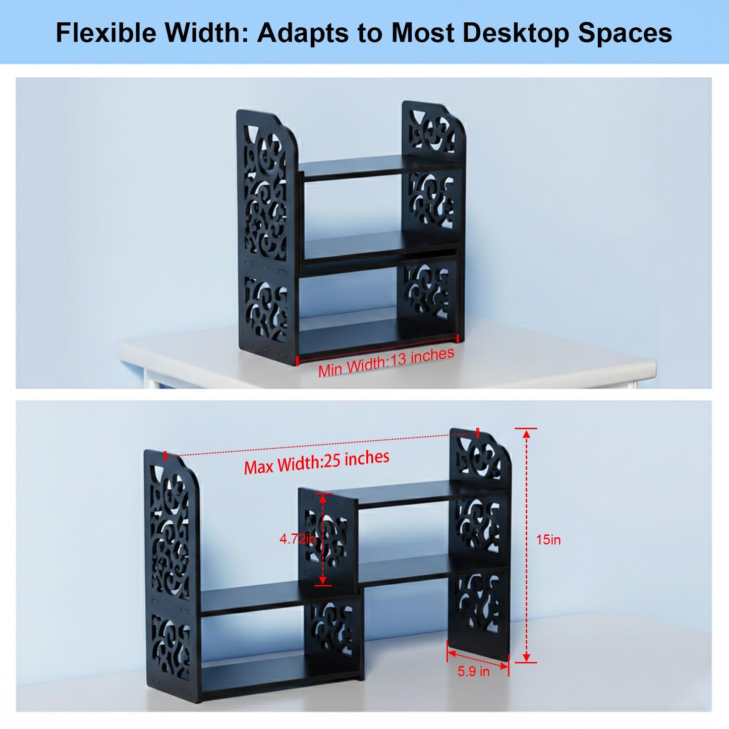 YGYQZ Adjustable Desktop Shelf Organizer, 3-Tier Desk Shelf, Black Pattern