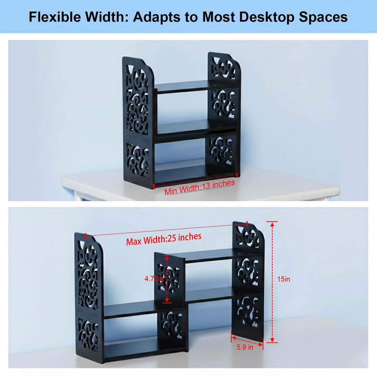 YGYQZ Adjustable Desktop Shelf Organizer, 3-Tier Desk Shelf, Black Pattern