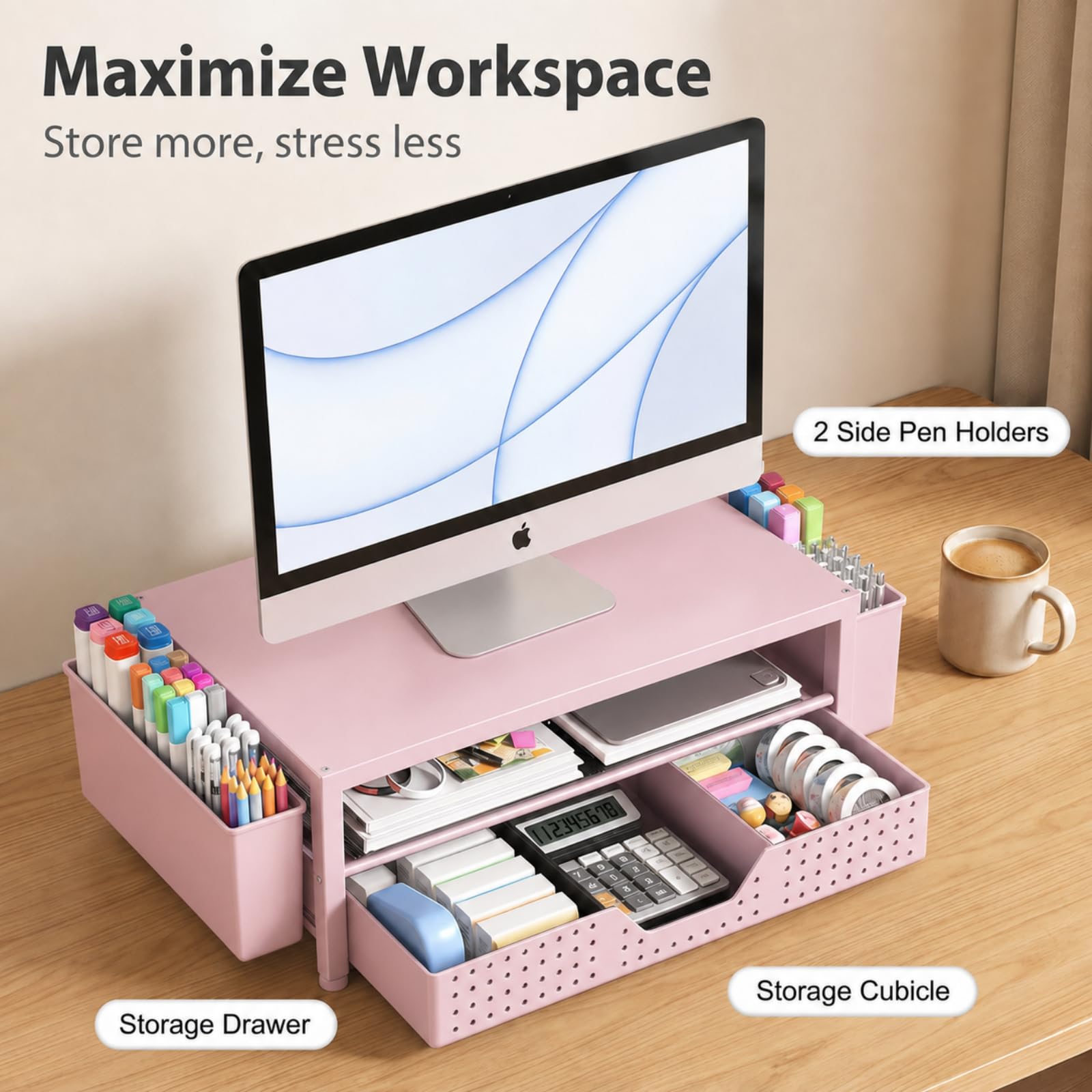 ECOLOVI Desk Organizer and Accessories, 2-Tier Computer Monitor Stand Rise with Storage Drawer & 2