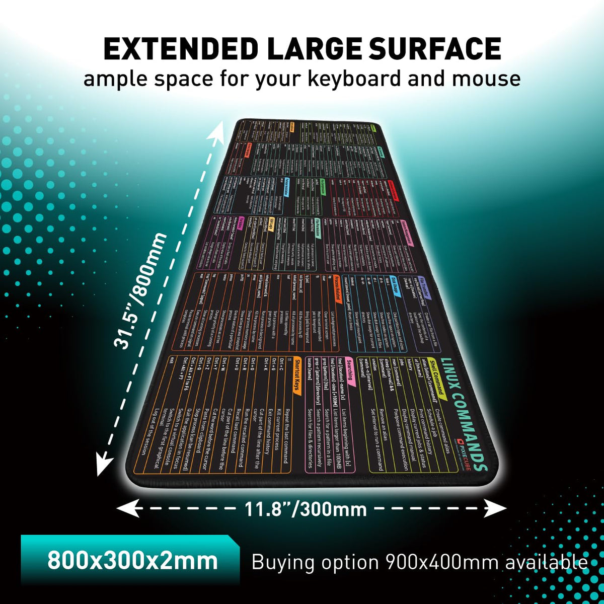 Pixiecube Linux Commands Line Mouse pad - Extended Large Cheat Sheet Mousepad. Shortcuts to