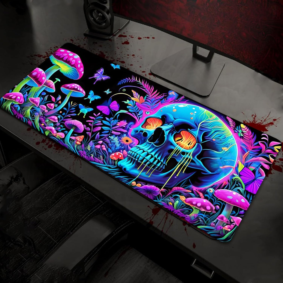 Simpkeely Large Skull Mushroom Gaming Mouse Pad - UV Light Reactive Neon Glow Butterfly Mat