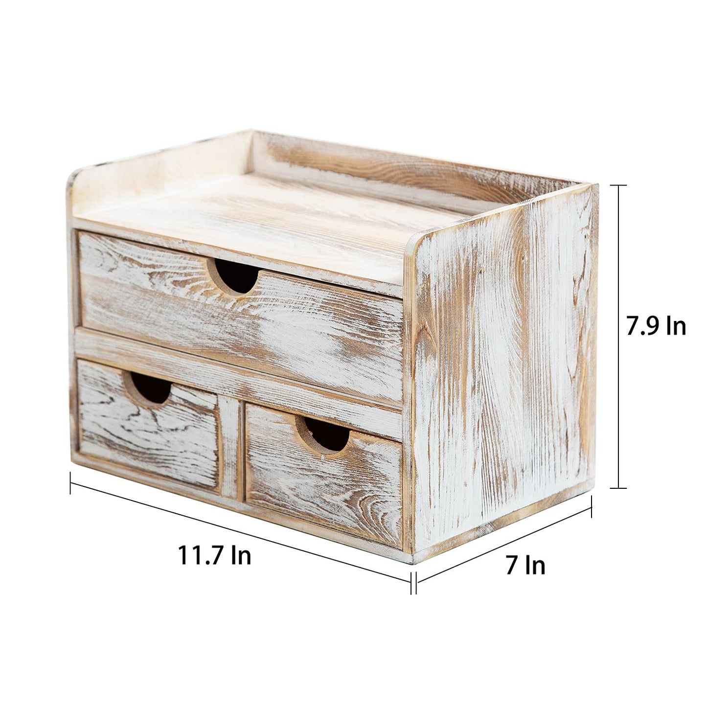 Rustic Distressed white 3-Tier Wood Desk Organizer with 3 Drawers Mini Storage Shelf For Desk