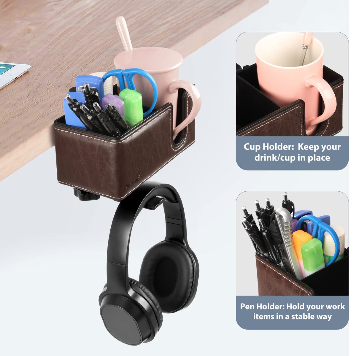 Under Desk Cup Holder Clamp on Cup Holder PU Leather Clip on Desk Organizer
