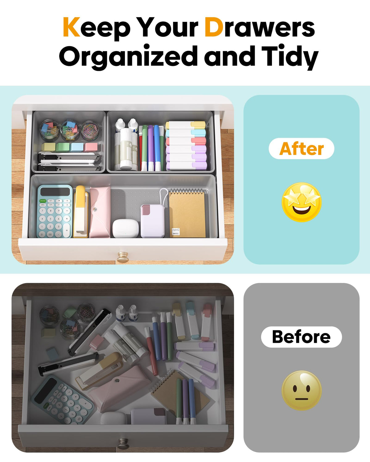 MLIKLU 10 Pack Large Size Plastic Drawer Organizers Set, 3 Sizes Desk Drawer Organizer Trays