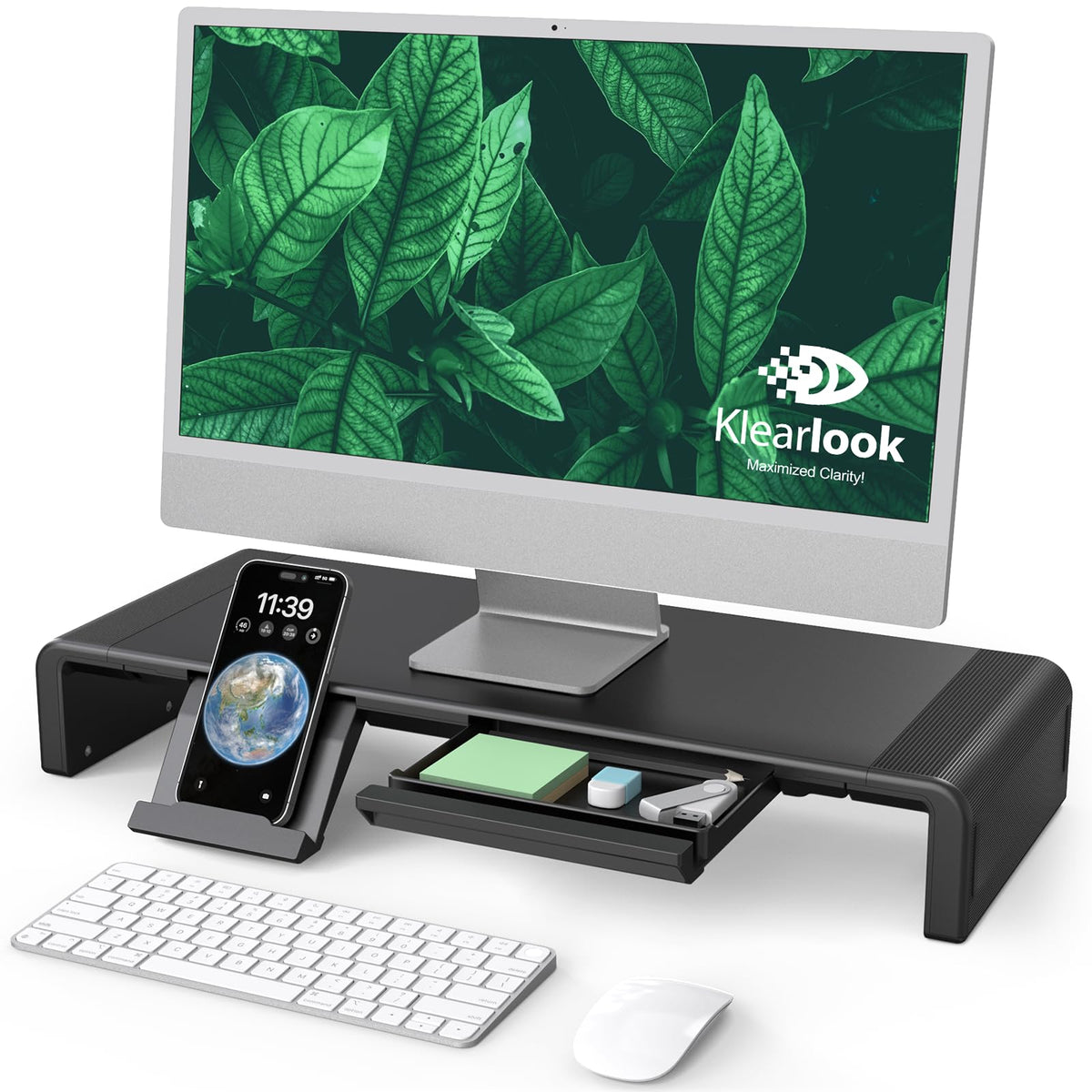 Klearlook Computer Monitor Stand for Desk, Adjustable Foldable Monitor Riser with Storage Drawer &