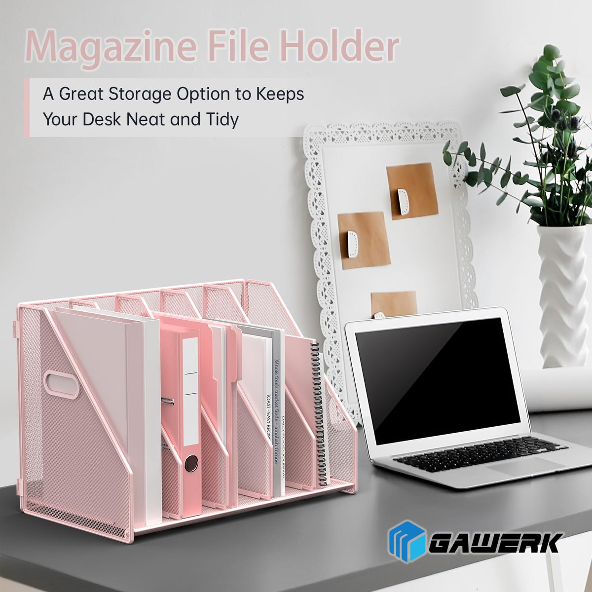 MINDEPOT Desk File Organizer Folder Holder with 5 Vertical for Office, Pink