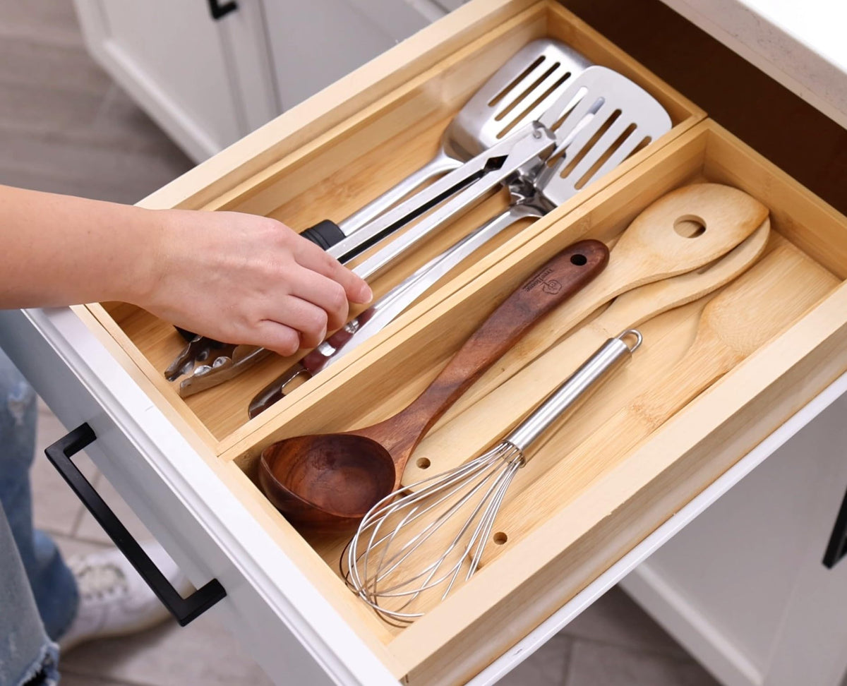 Fabsome Kitchen Utensil Drawer Organizer, Bamboo Silverware Cutlery Flatware Organizer Bins, Wooden