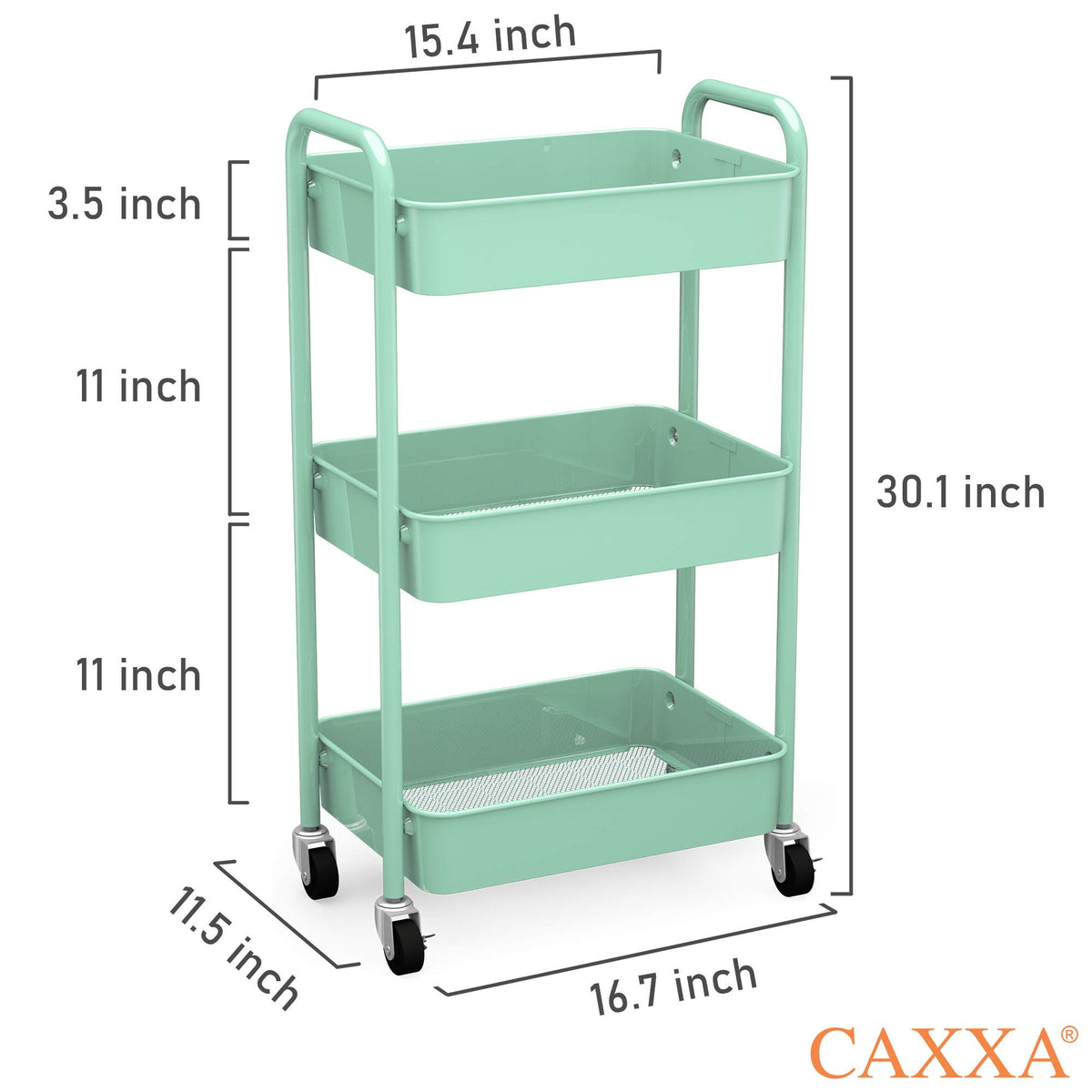 CAXXA 3-Tier Rolling Metal Storage Organizer - Mobile Utility Cart, Kitchen Cart with Caster Wheels