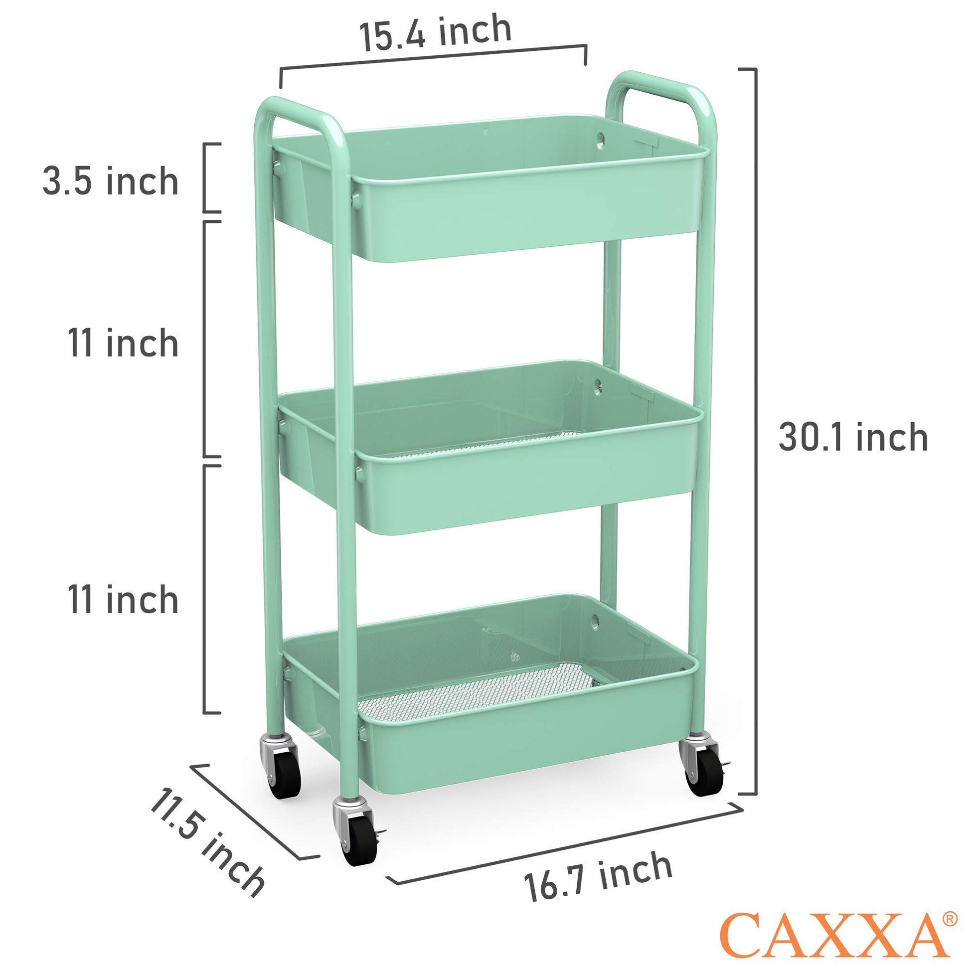 CAXXA 3-Tier Rolling Metal Storage Organizer - Mobile Utility Cart, Kitchen Cart with Caster Wheels