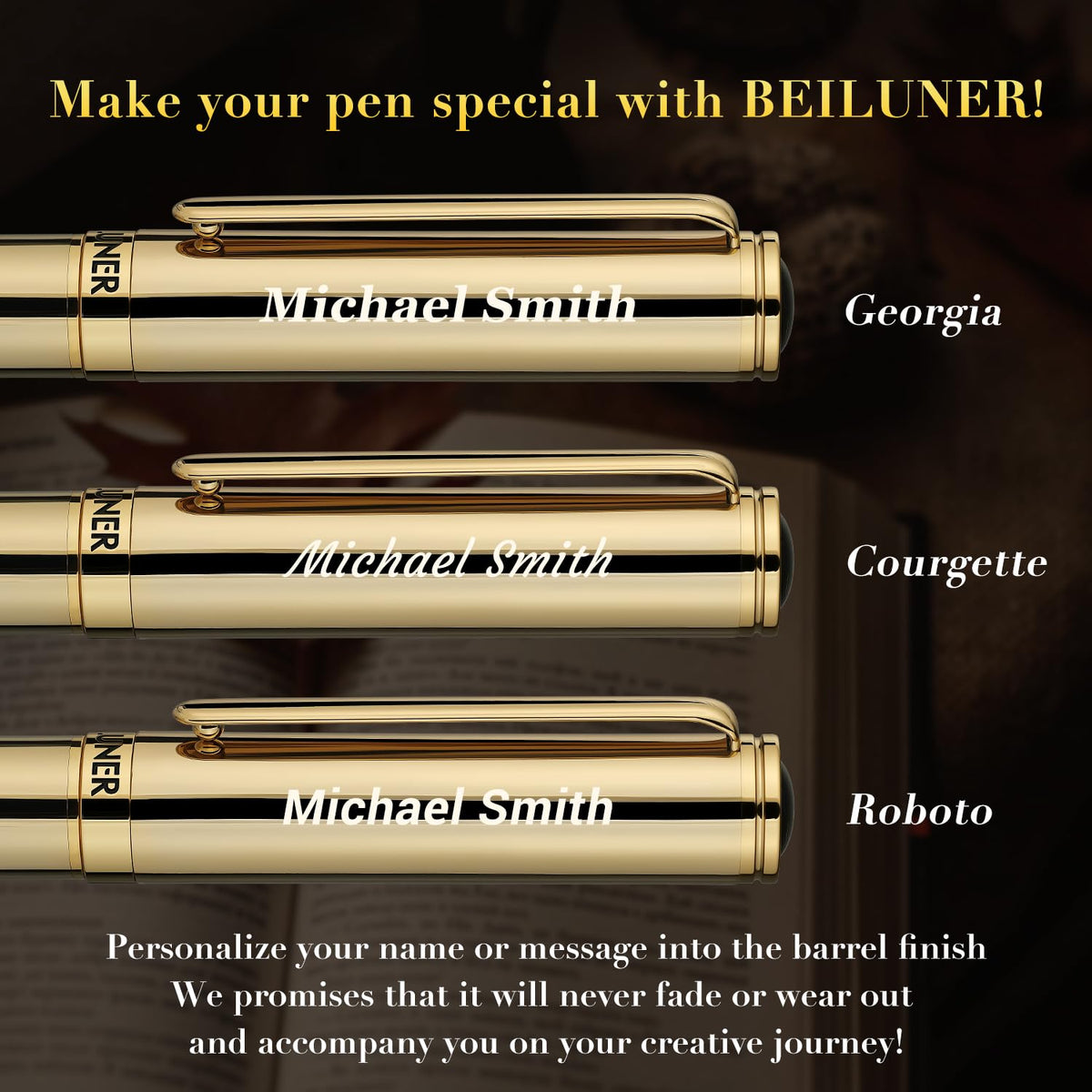 BEILUNER Gold Personalized Fountain Pen,Stunning Luxury Surface,24K Gilded Nib(Fine),Gorgeous 24K