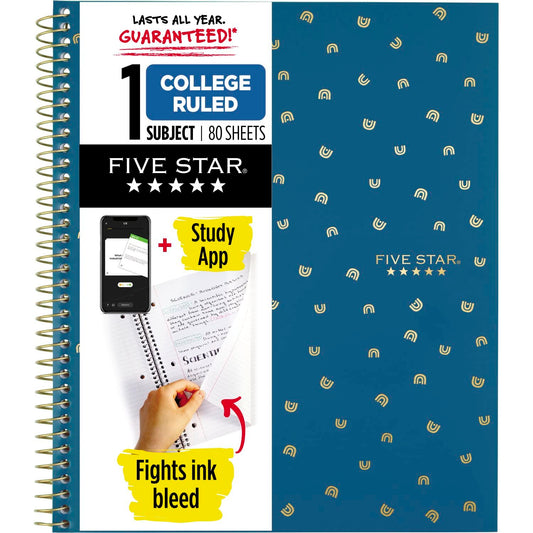 Five Star Spiral Notebook + Study App, 1 Subject, College Ruled Paper, 8-1/2" x 11", 80 Sheets, 1