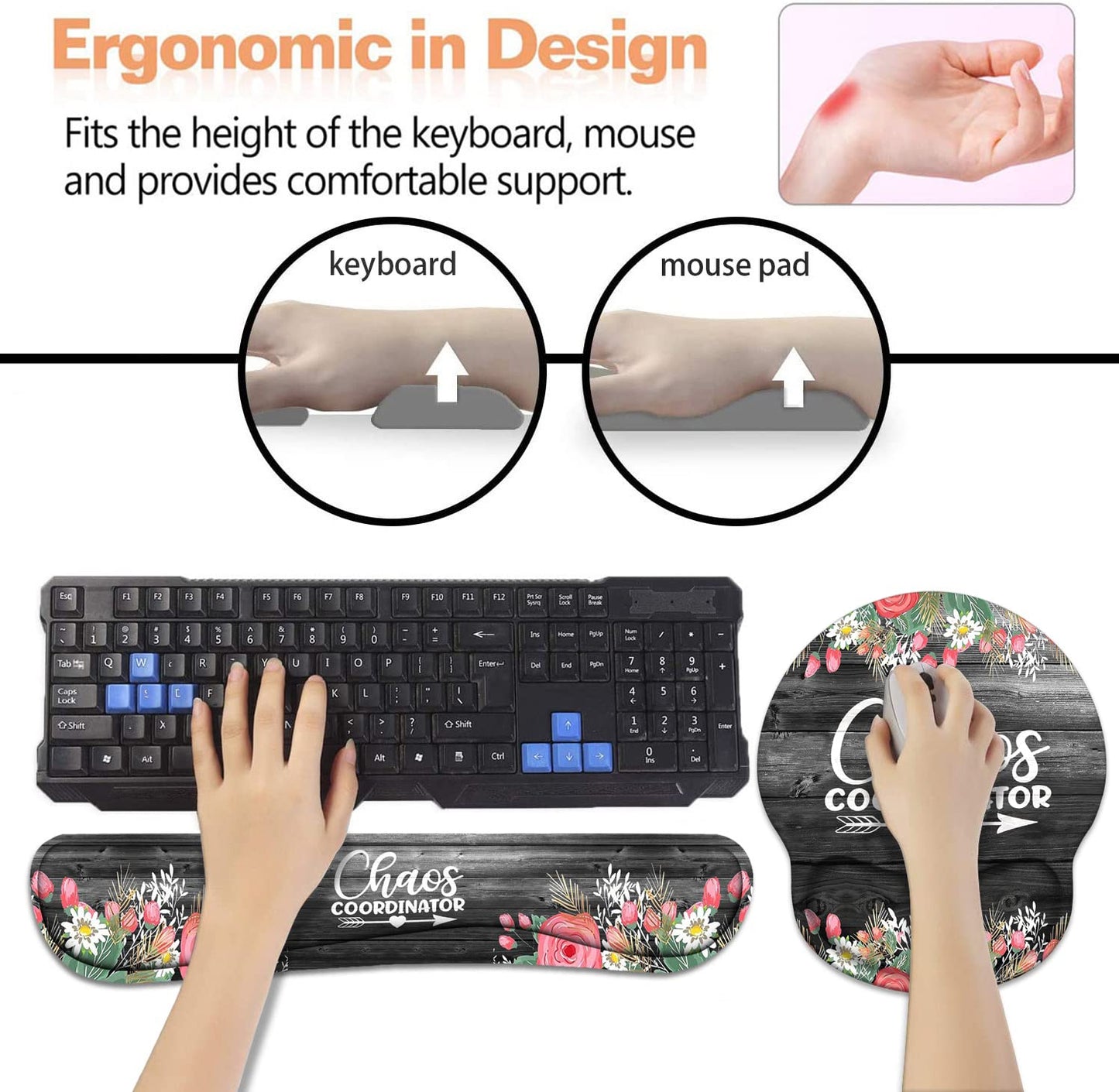 Keyboard Wrist Rest + Mouse Pad Wrist Support Set with Coasters, Chaos Coordinator Quotes Colored