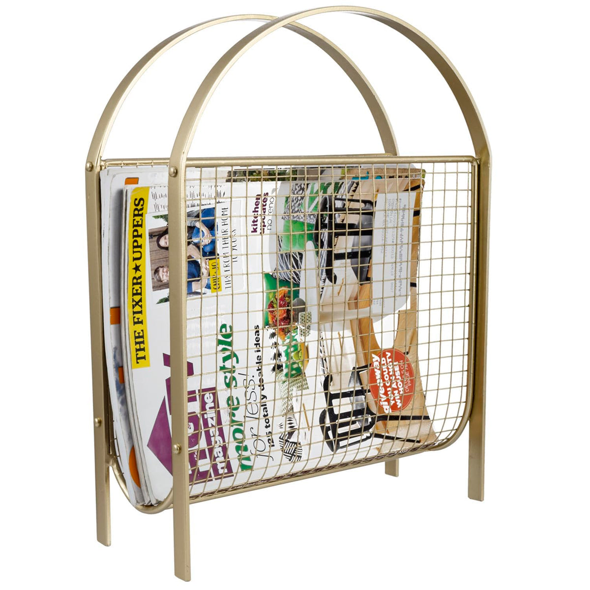 MyGift Mid Century Brass Tone Metal Mesh Magazine Rack Storage Basket