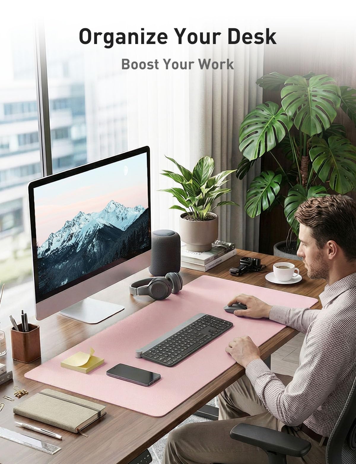 Aothia Faux Leather Desk Mat - Non-Slip PU Leather Desk Blotter, Waterproof Writing Surface, Large