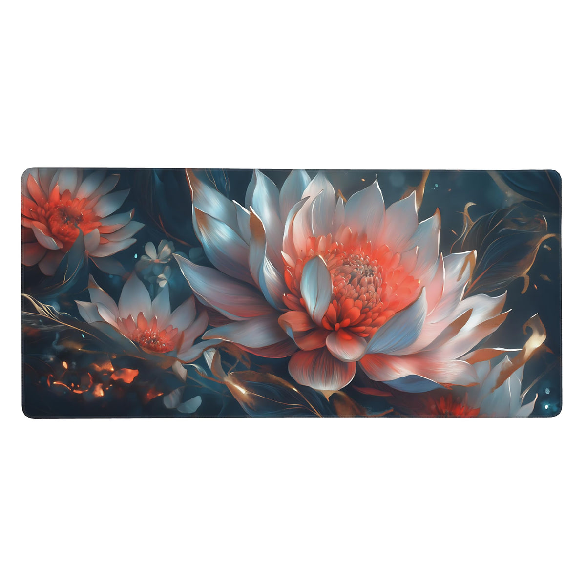 Floral Aesthetic Lotus Gaming Mouse Pad, Ink Blue Red Cyber Desk Mat with Anti-Slip Base & Stitched