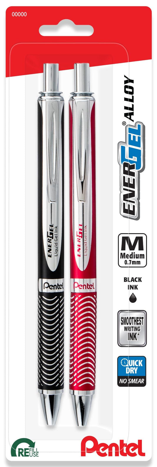 Pentel Energel Alloy Retractable Gel Ink Pen, 0.7mm, Black Ink Pen, 2 Pack