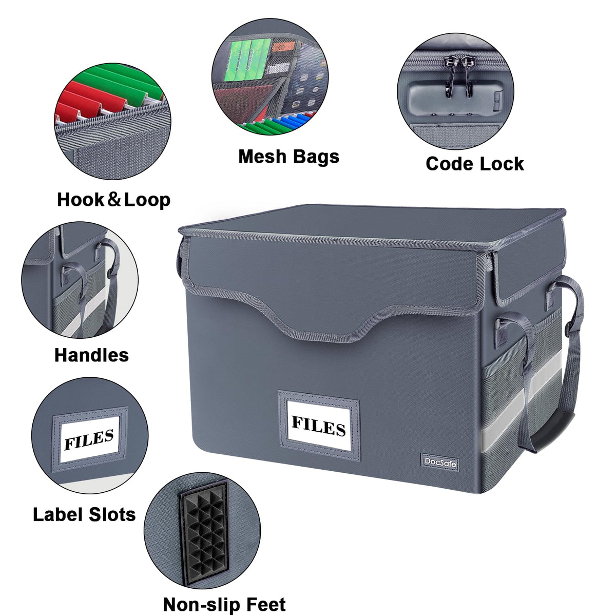 DocSafe Fireproof Document Box with Lock,File Storage Organizer with Zipper Pockets,Collapsible