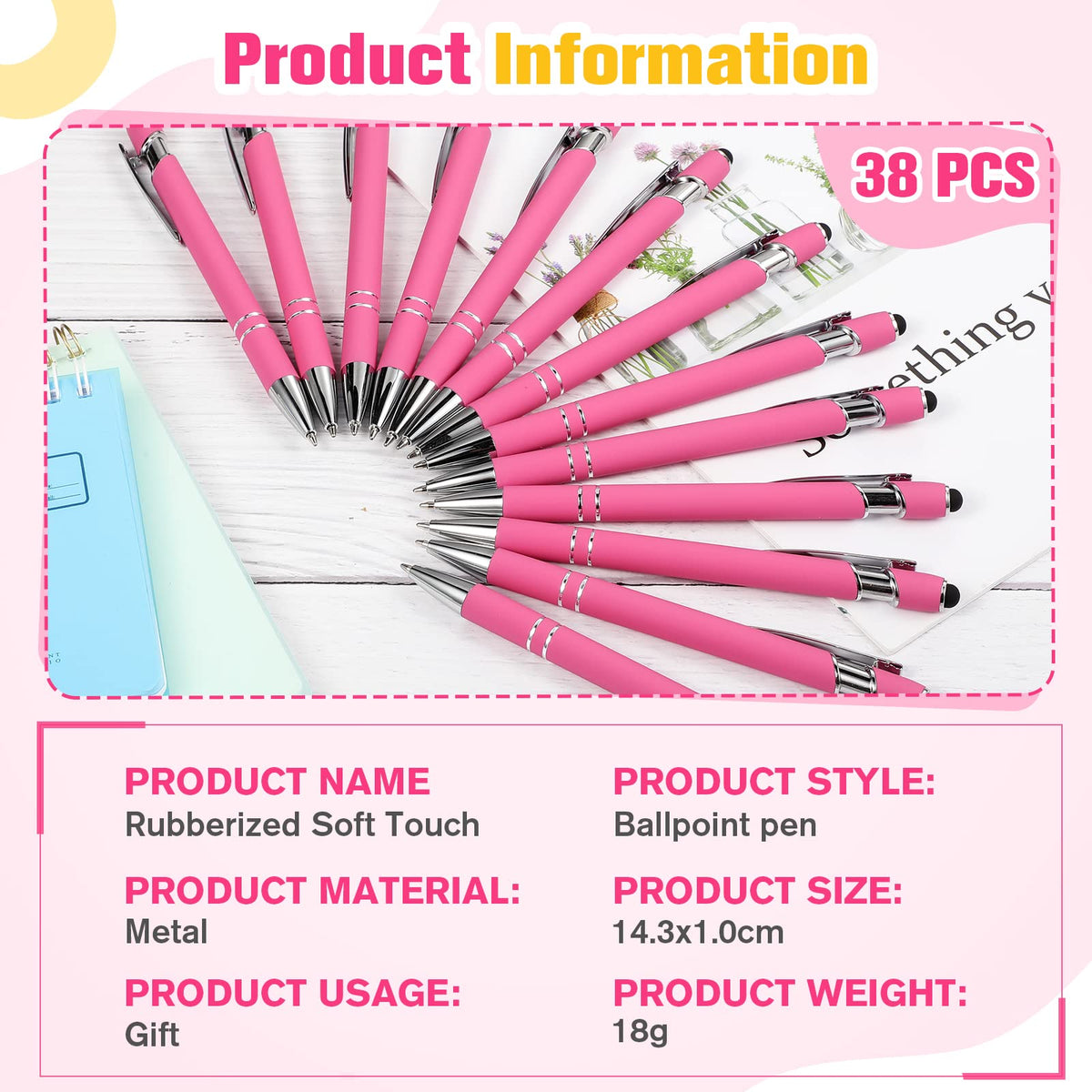 Zonon 38 Pcs Stylus Ballpoint Pens, Metal Rubberized Grip, Hot Pink