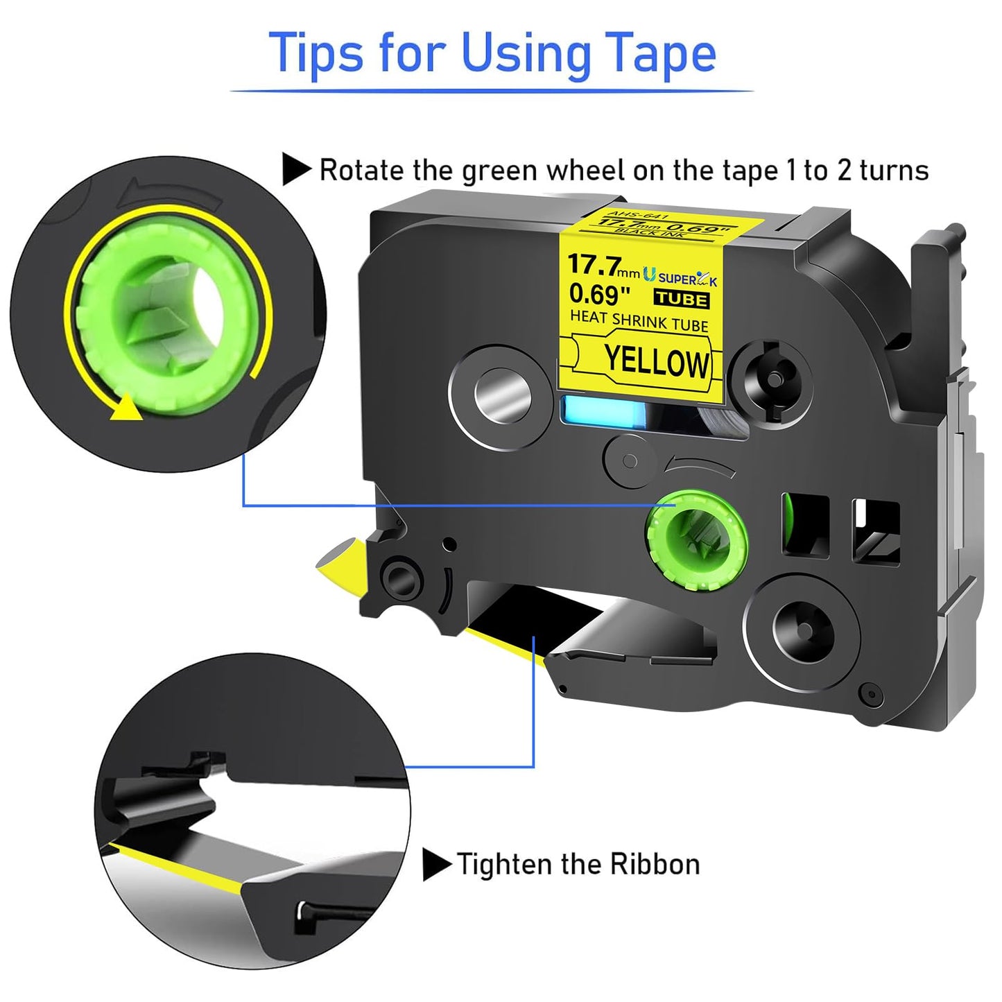 USUPERINK 2 Pack Compatible for HSe-641 HSe641 HS-641 HS641 Black on Yellow (17.7mm 0.69''x 1.5m
