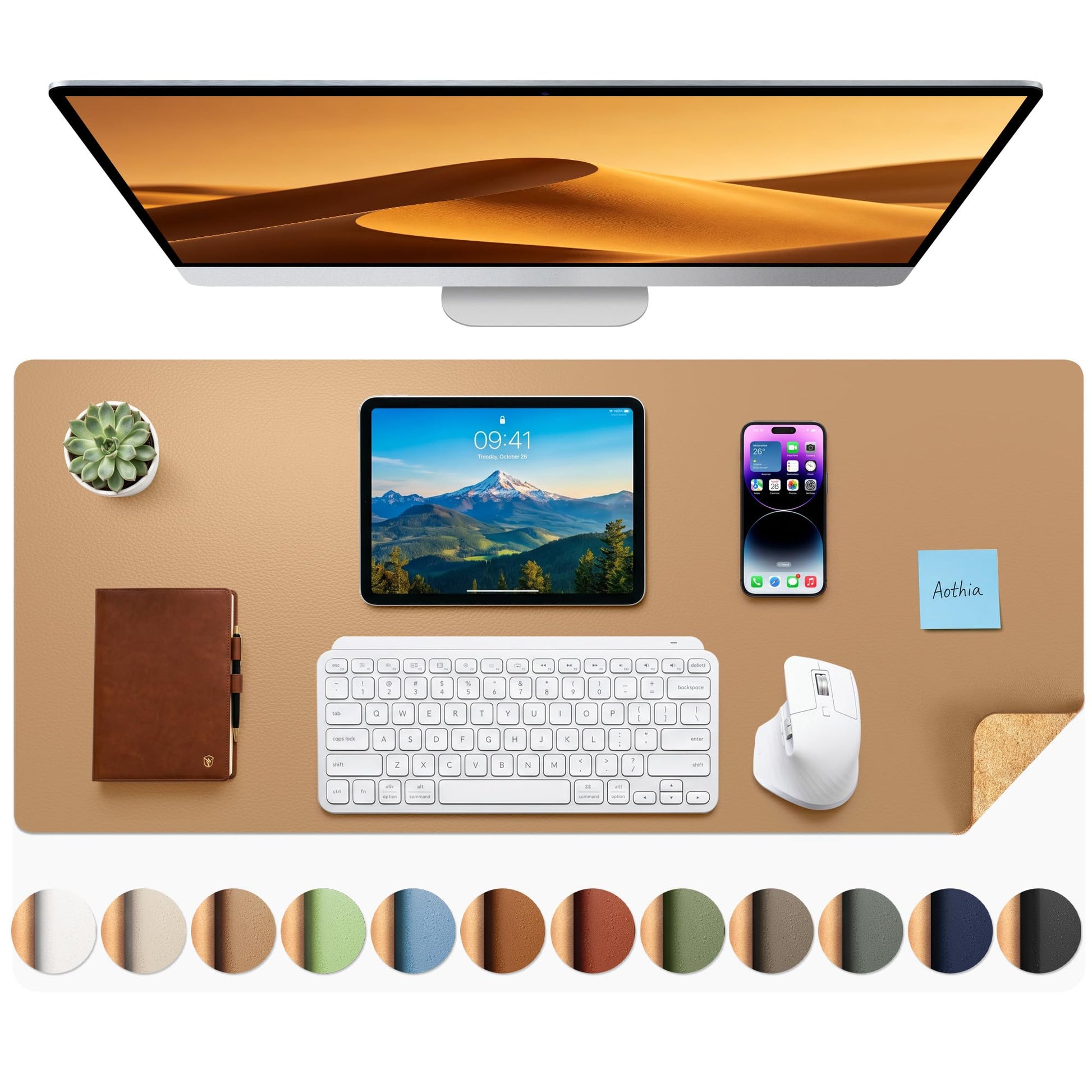 Aothia Dual-Sided Desk Mat - Leather & Cork Desk Protector, Large Mouse Pad & Writing Pad for