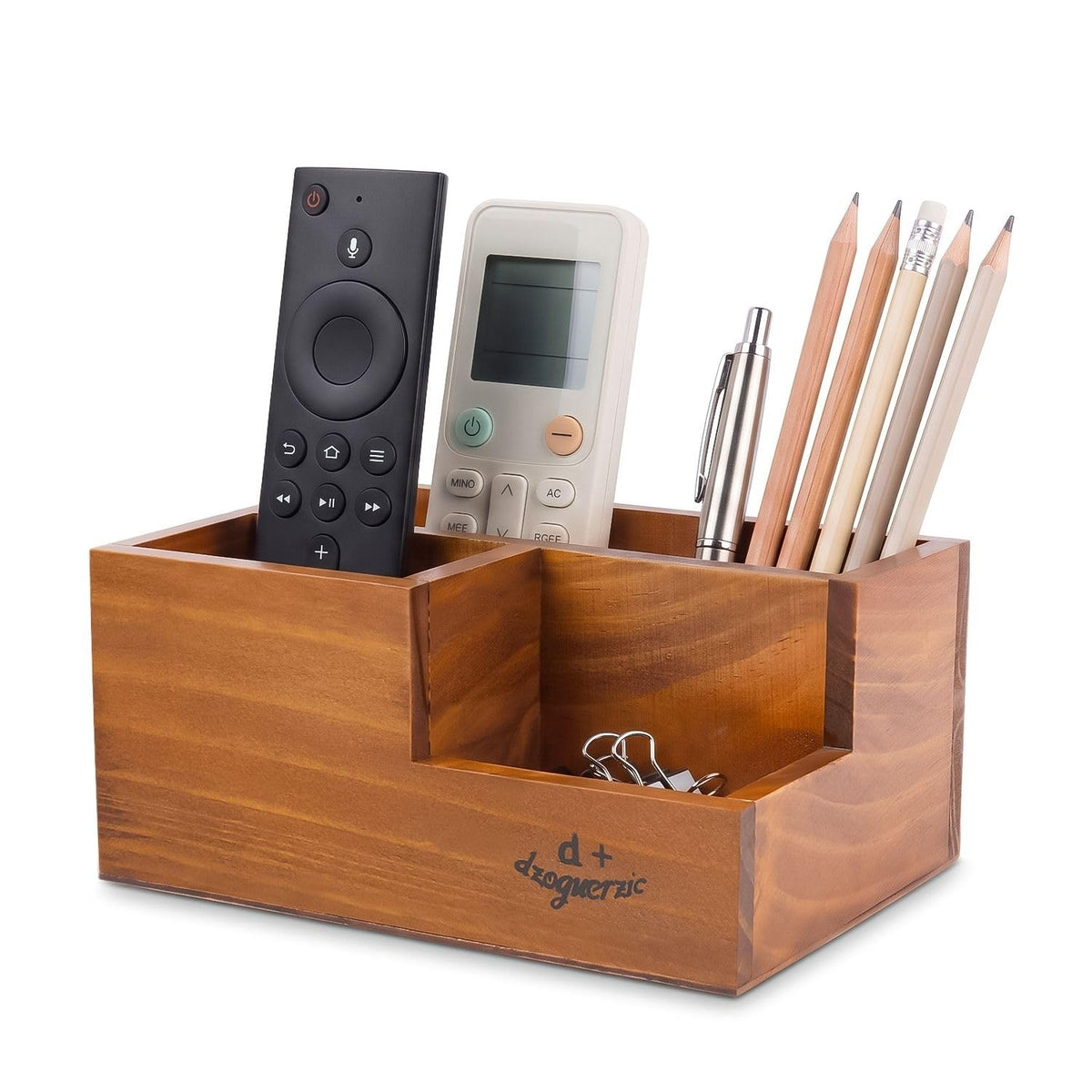 Flexzion Rustic Wooden Pencil Holder for Office - 3 Slots - Desk and Table Storage Organizer