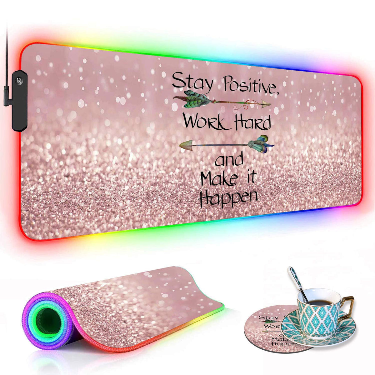 RGB Gaming Mouse Pad with Coffee Coaster, XXL Large Glowing LED Mousepad, Anti-Slip Rubber Base