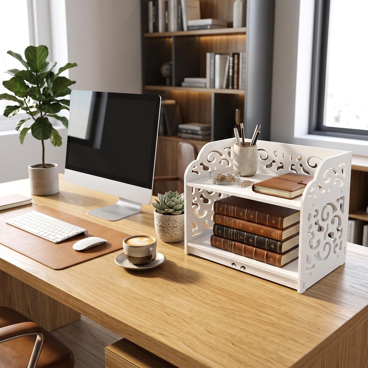 MyGift 2 Tier White Desktop Bookshelf Organizer with Scrollwork Design
