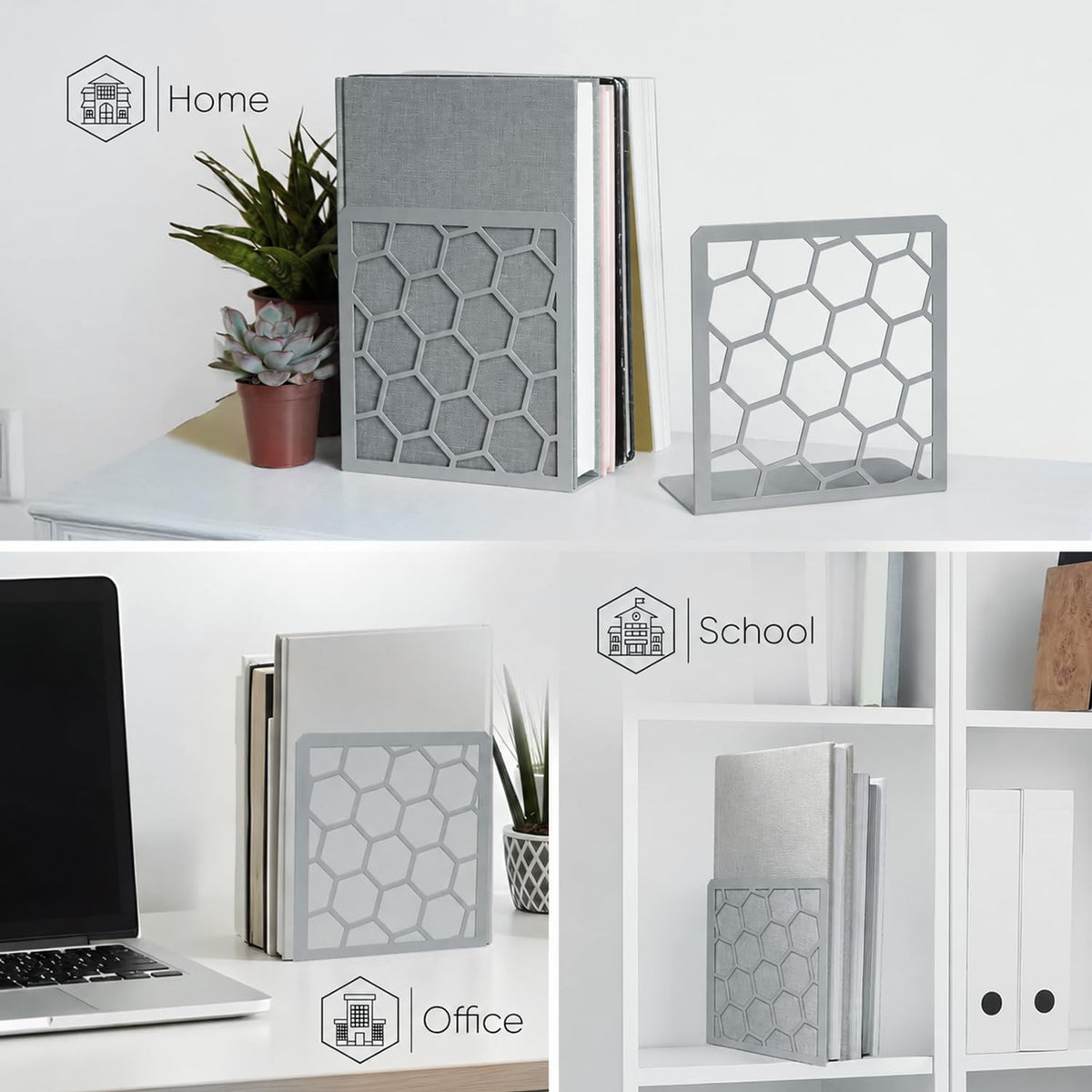 Gray Geometric Honeycomb Metal Bookends - Book Ends for Shelves - Decorative Modern Heavy Duty