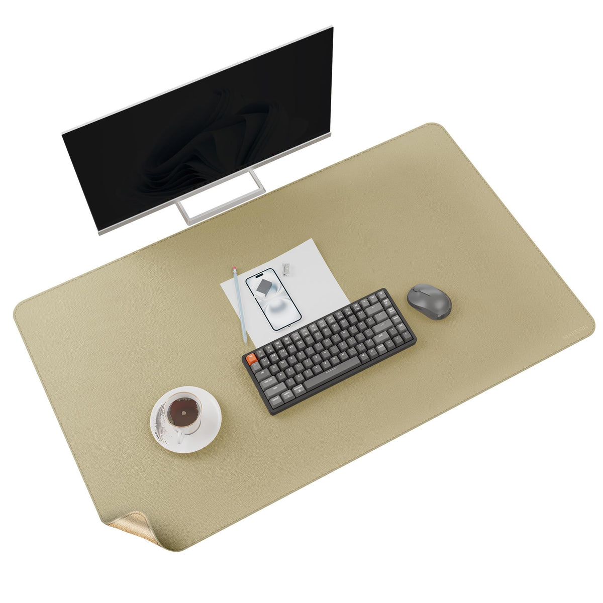 MAIDERN 40” x 24” Cork & Leather Desk Mat XL, Large Desk Pad (Golden)