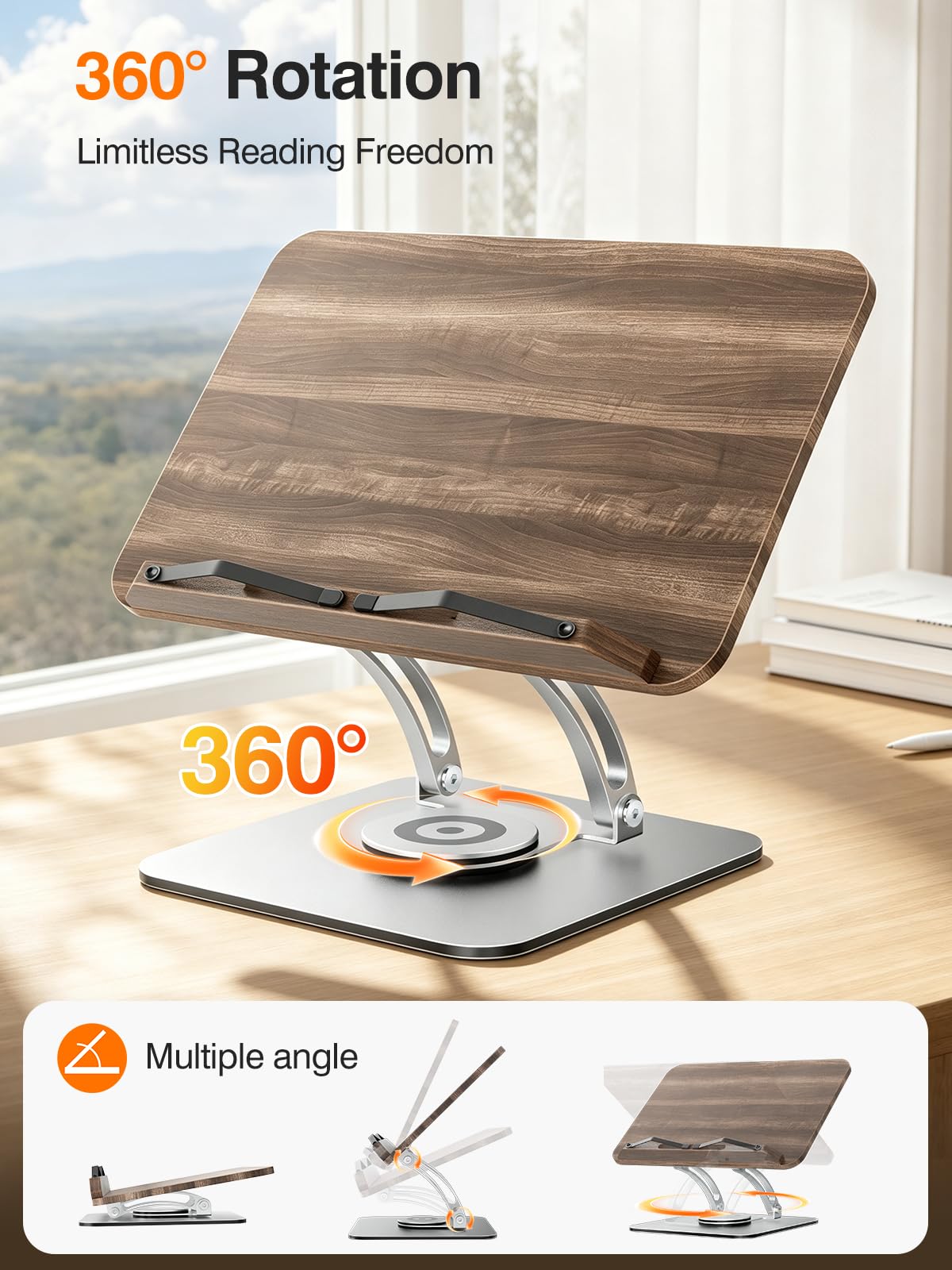 Tounee Adjustable Book Stand with 360° Swivel Base,Bright Silver