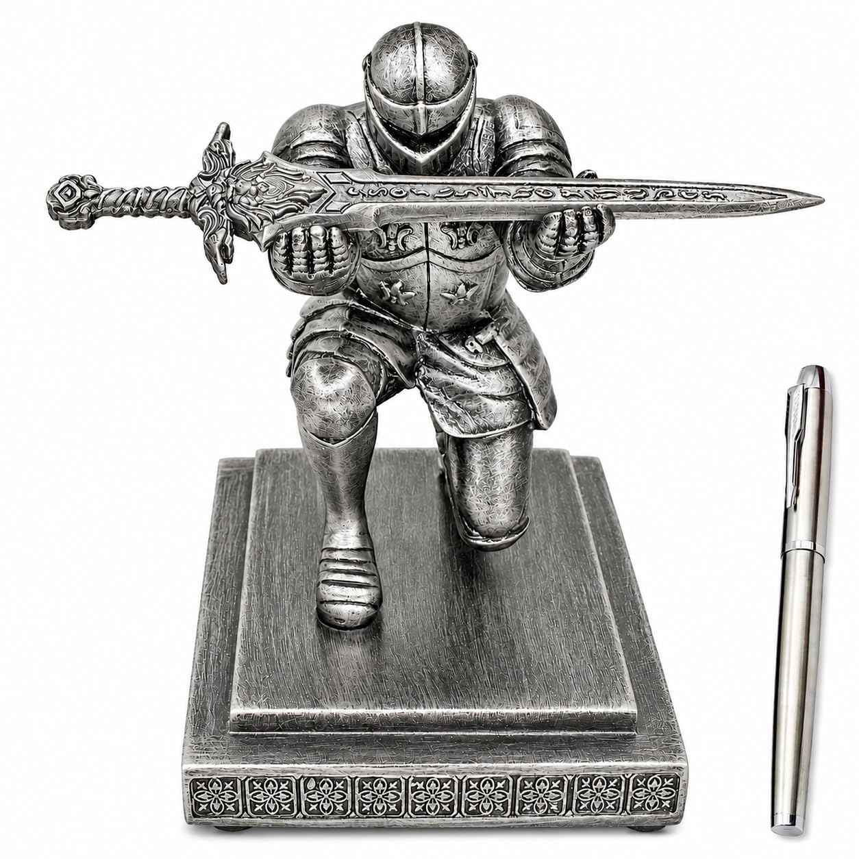 Miyolo Knight Pen Holder with a Sword & Pen Kneeling Medieval Soldier Pencil Stand Desk Organizers