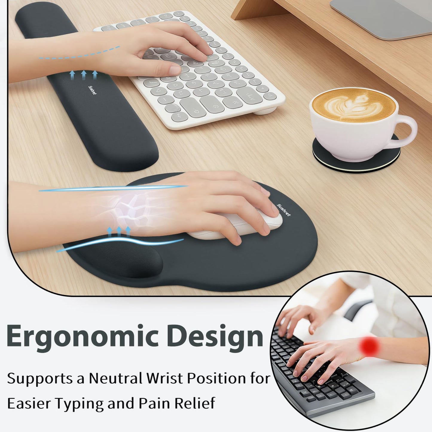 Sushret Mouse Pad and Keyboard Wrist Rest, 3-in-1 Gel Memory Foam Ergonomic Mouse Pad with Wrist
