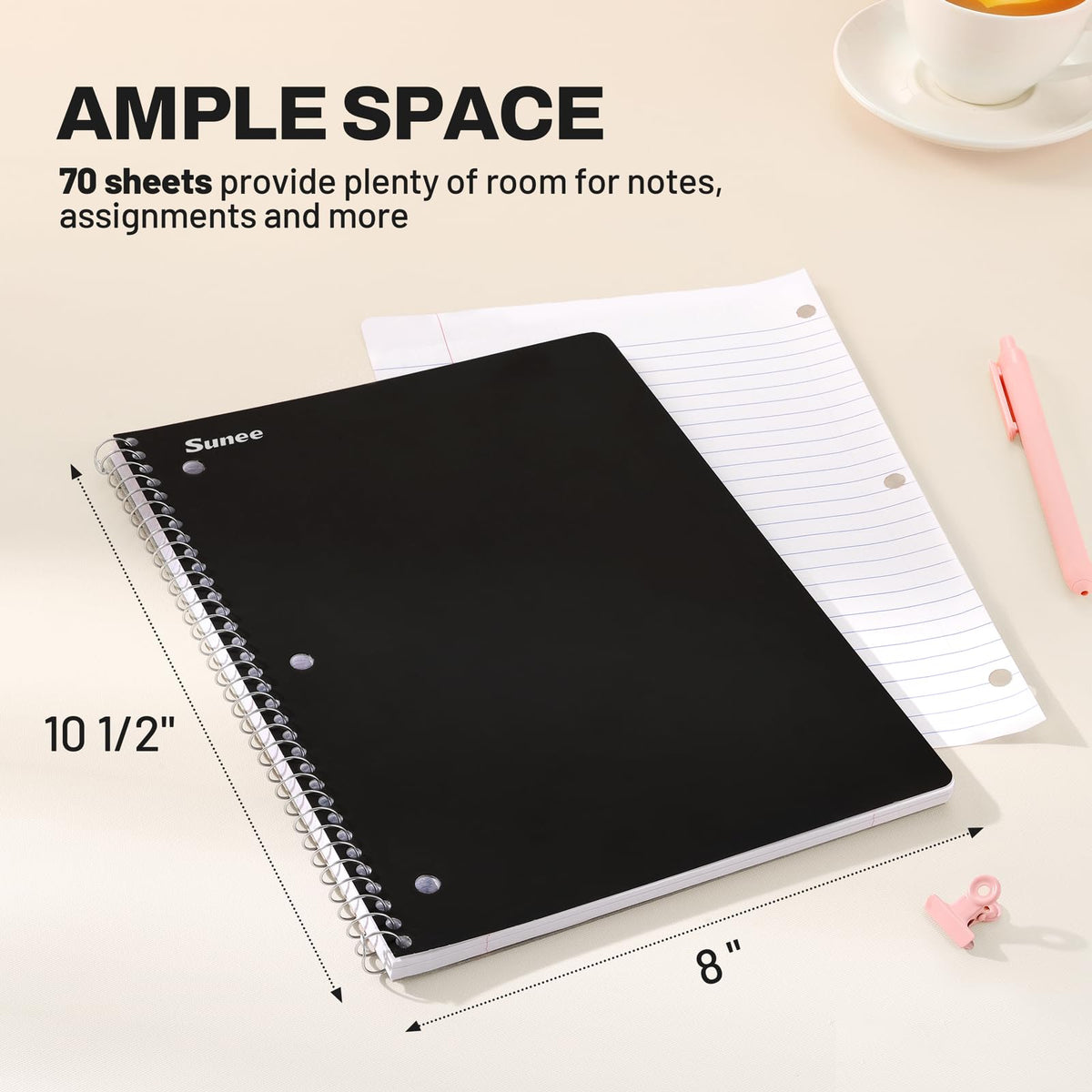 SUNEE Spiral Notebooks, 3 Pack, 1-Subject, College Ruled Paper, 8" x 10-1/2", 70 Sheets per