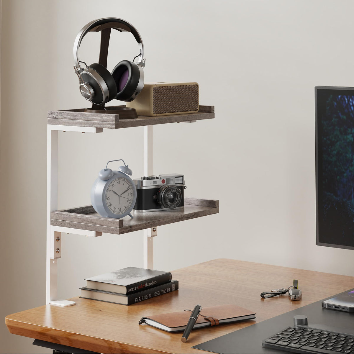 ART-GIFTREE Clamp On Desk Shelf 2-Tier, Wood Shelving Unit for Office Desk/Gaming Accessories