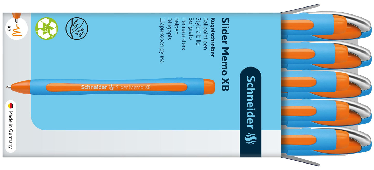Schneider Slider Memo XB (Extra Broad) Ballpoint Pen, 1.4 mm, Light Blue Barrel, Orange Ink, Box of
