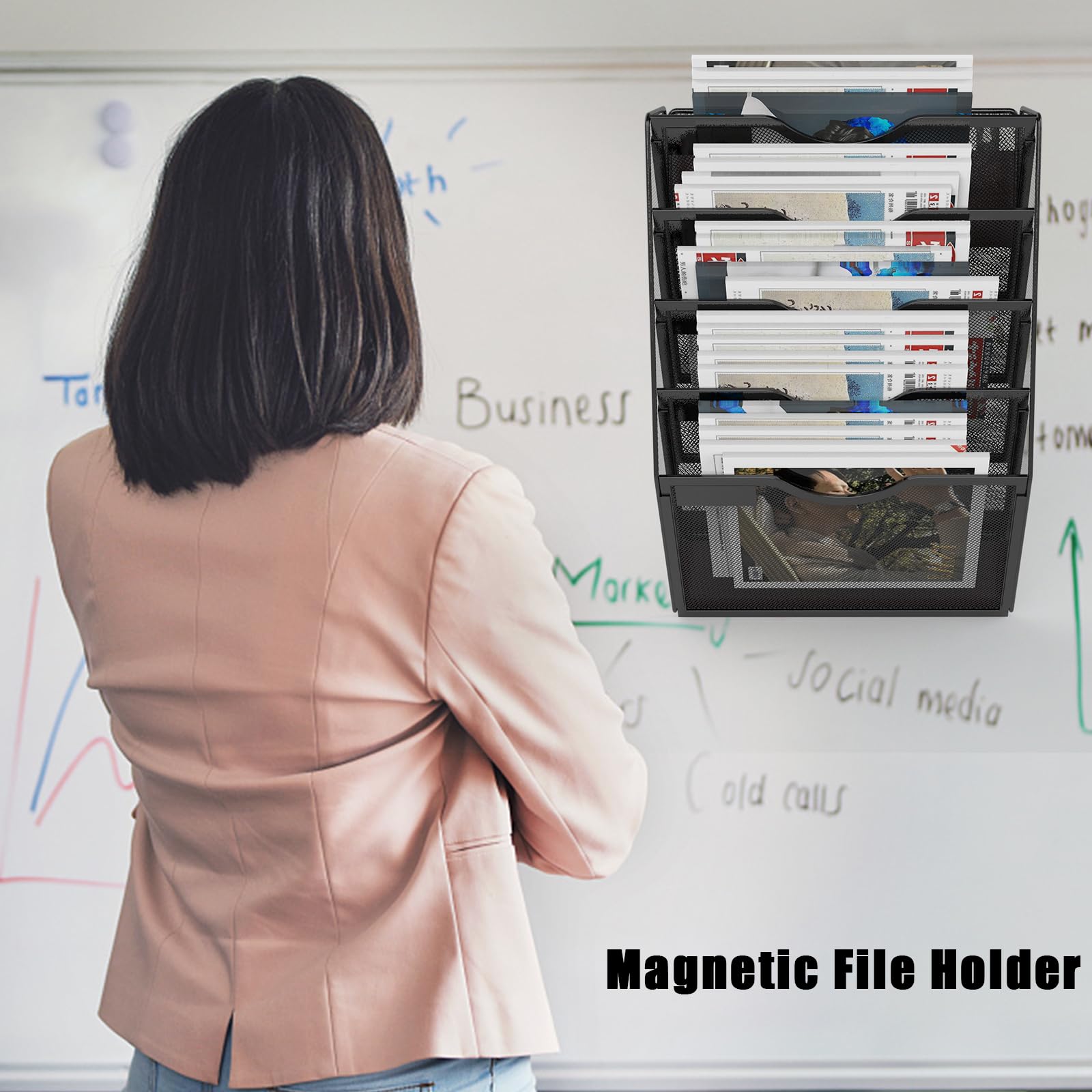 LQPAFZ 5 Tier Magnetic File Holder for File Cabinets, Refrigerator, Whiteboard, Office, No Drilling