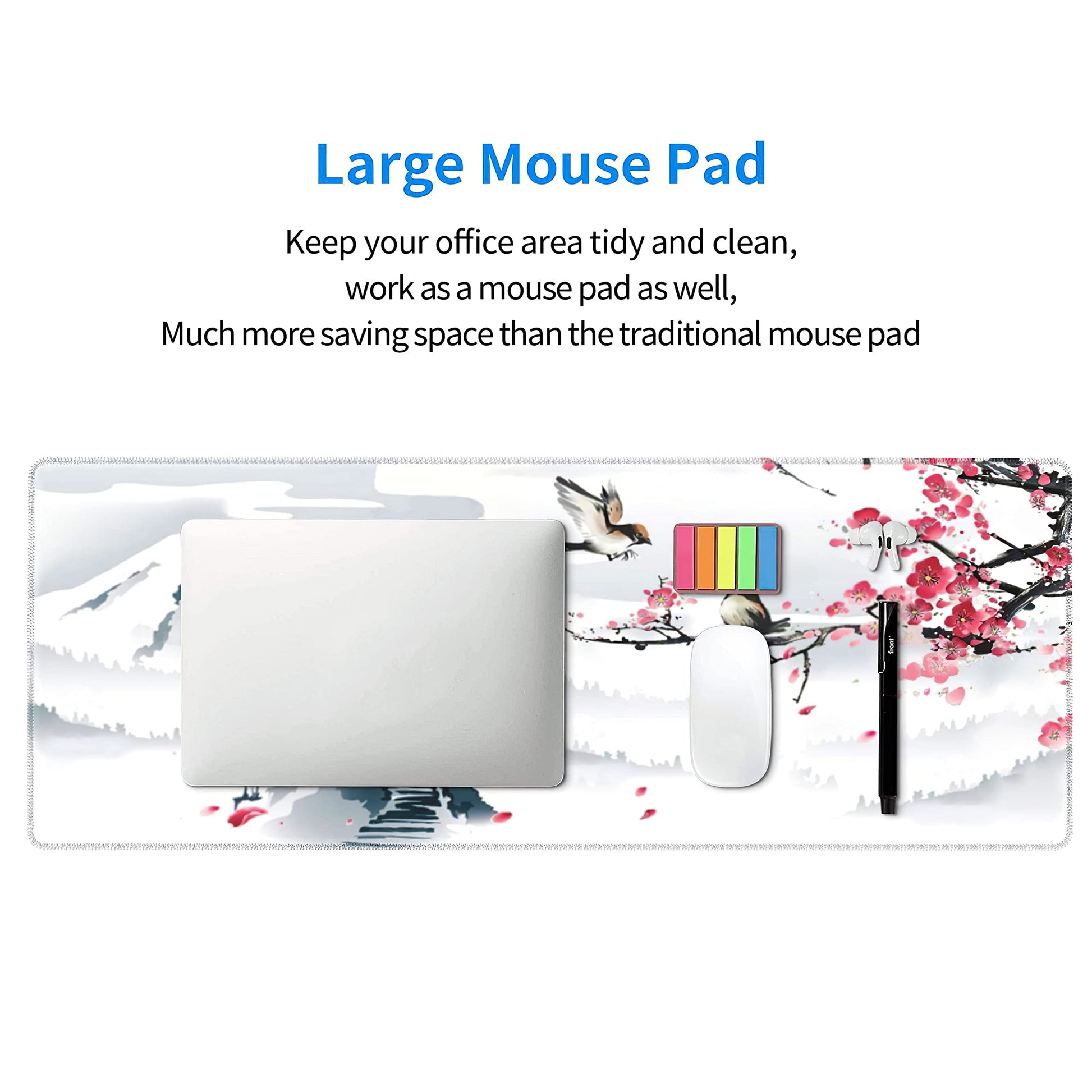 Japanese Pagoda Cherry Blossom Gaming Mouse Pad XL Birds Sakura Branch Mountain Extended Large Desk