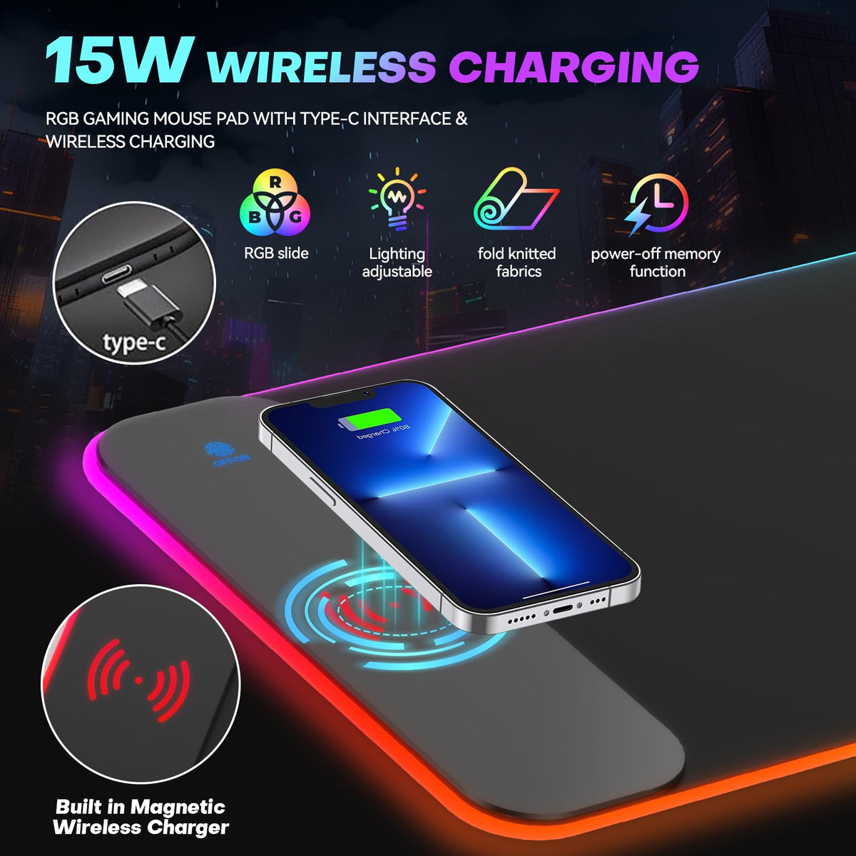 TIDALSOIL RGB Gaming Mouse Pad, 15W Wireless Charger Desk Mat 27.6x11.8 in