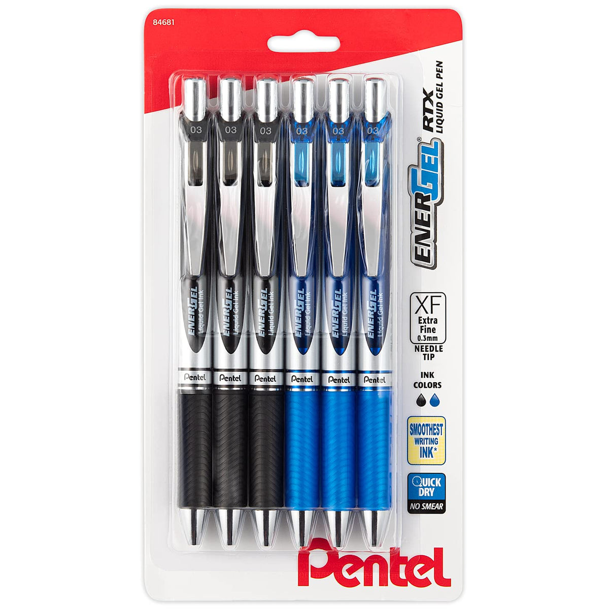 Pentel Energel 0.3mm Extra Fine Point Rtx Retractable Needle Tip Pen - 3 Black & 3 Blue - pack of 6