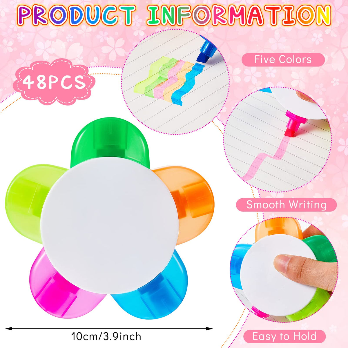 Outus 48 Pieces Petals Highlighters Assorted Colors 5 in 1 Pens Bulk