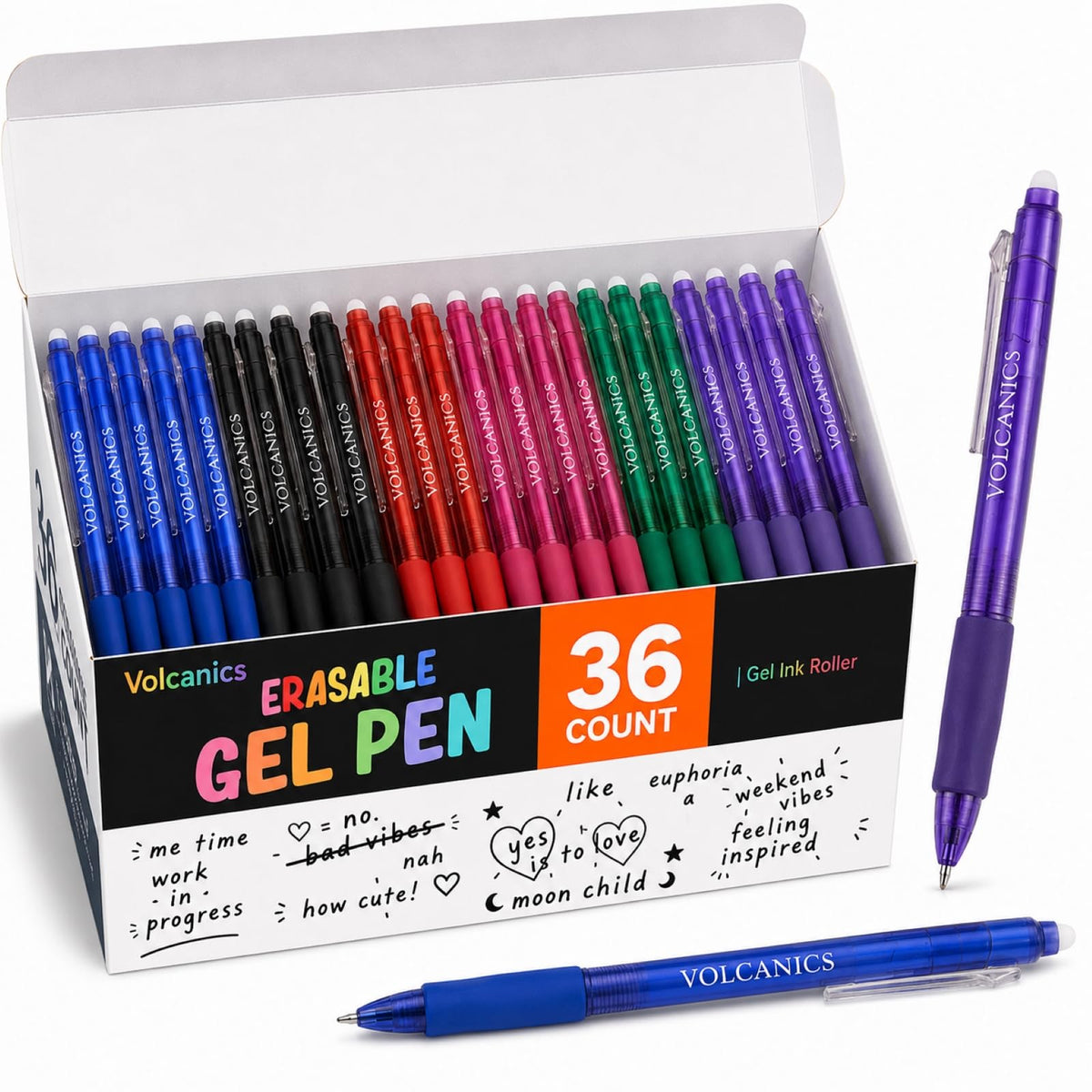 Volcanics Erasable Gel Pens, 36 Pack, 6 Colors, 0.7mm Fine Point