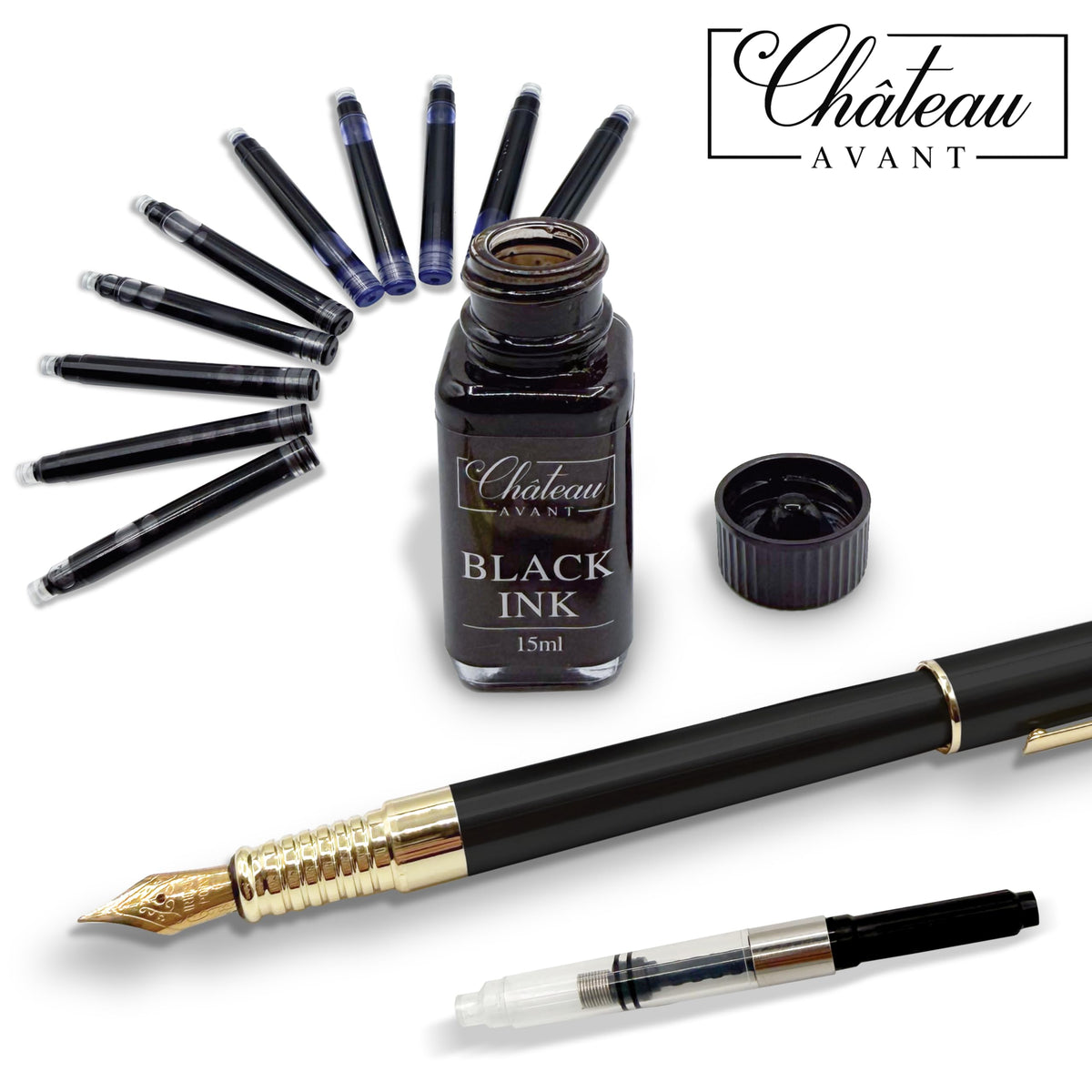 Chateau Avant Signature Calligraphy Fountain Pen Gift Set | Black | Fine and Calligraphy Nibs, 10